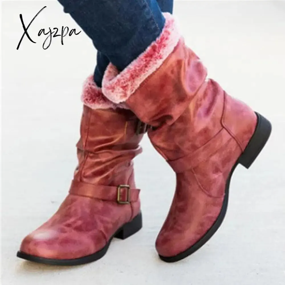 Xajzpa - Round Toe Low Heel Pull-On Fur Booties